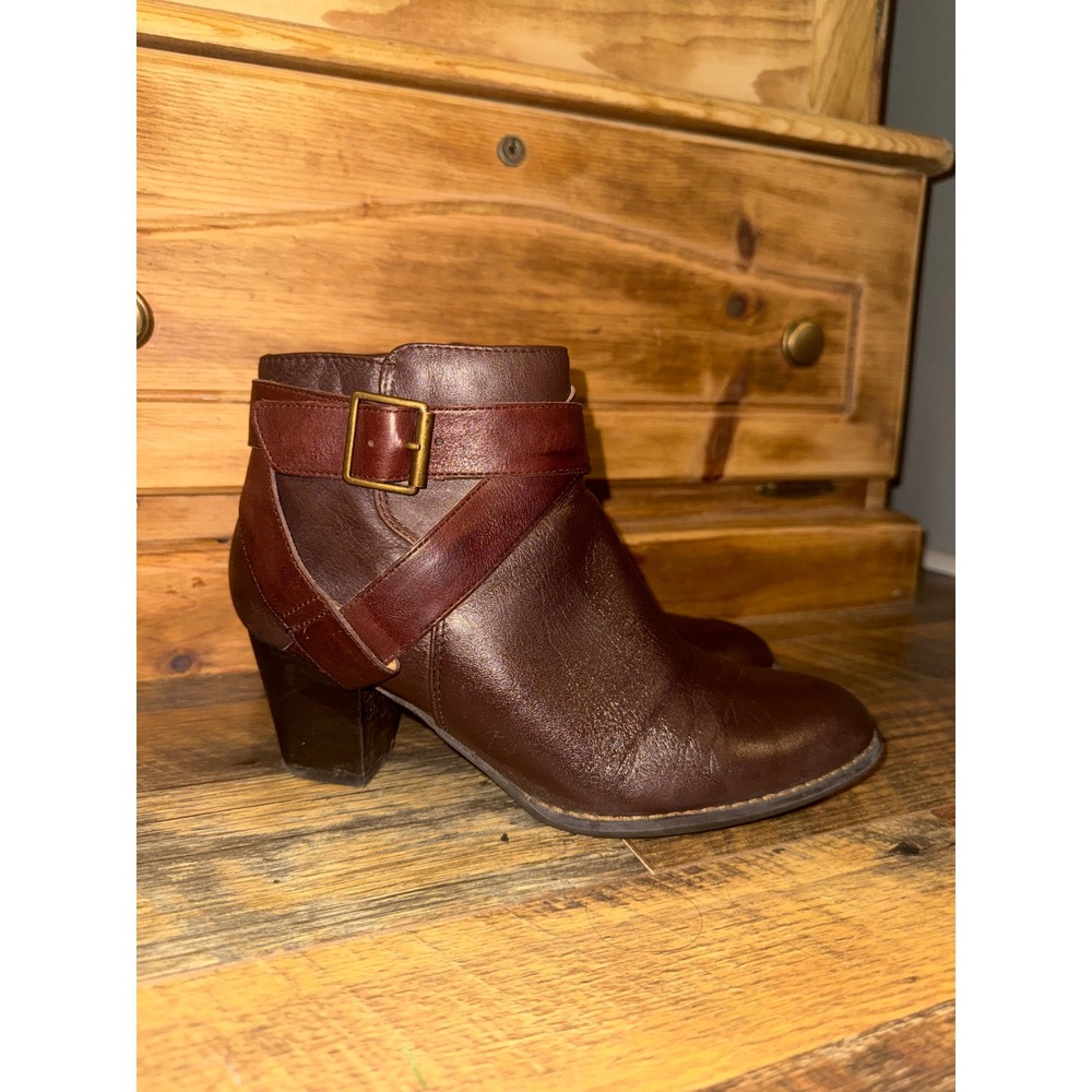 Vionic Trinity Brown Leather Buckle Ankle Boots Block Heel Size 7.5 TVW5300